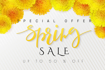 Vector illustration of spring promotion banner template with hand lettering label - spring - with realistic yeallow dandelion flowers