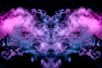 Thin streams of smoke on a black background in the neon light of a blue pink purple in the form of the head of a ghostly creature with spread wings.