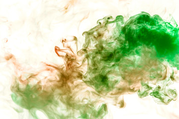 Thin streams of gray smoke tinted in green on a white background like watercolor dissolving in water.