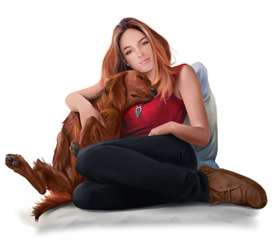 Girl sitting with a red dog. Watercolor painting