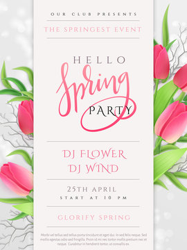 Vector illustration of spring party poster template with lettering label, tulip flowers and flares