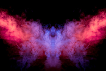 Fototapeta na wymiar Fiery moth with spread wings on a black background in a neon brightly lit swirling haze of purple-pink and red colors, a mystical creature in a fire.