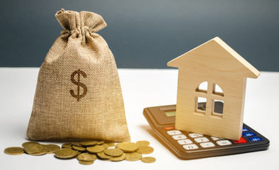Bag with money and dollar sign and wooden houses. Financing in the country. Investing money in real...