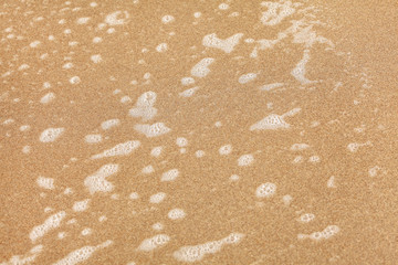 Spots of white foam on beach sand wet from ocean water. Abstract sea / marine background.