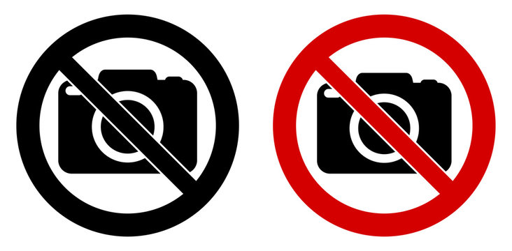 Photography not allowed sign. Camera icon in crossed circle. Black and red version.