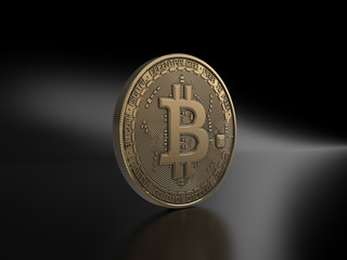 Golden Bitcoin isolated on black background. 3D Rendering.