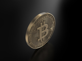 Golden Bitcoin isolated on black background. 3D Rendering.