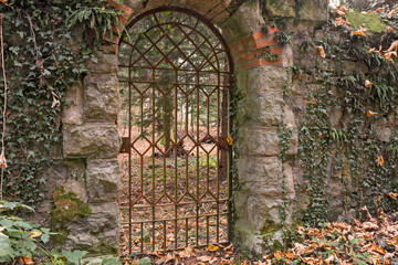 Metal gate that closes a wall covered with vegetation.