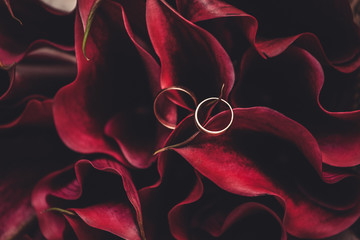 Wedding rings on a bouquet of burgundy callas
