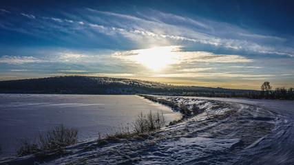 sky, sunset, landscape, clouds, water, sun, nature, sunrise, beach, winter, sea, blue, snow, lake, cloud, ocean, river, fog, dusk, white, evening, ice, morning, horizon, light