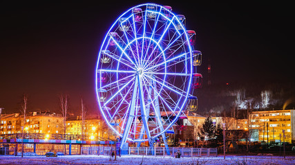 night, light, wheel, abstract, ferris wheel, fireworks, city, blue, ferris, amusement, park, fun,...
