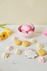 Easter greeting card with  gingerbread cookies and eggs. Easter Postcard Template. Cookies in shape of eggs and Easter bunny. Happy Easter holiday background concept.