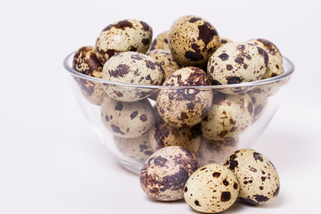 Fototapeta premium quail eggs in a transparent glass plate on a white background