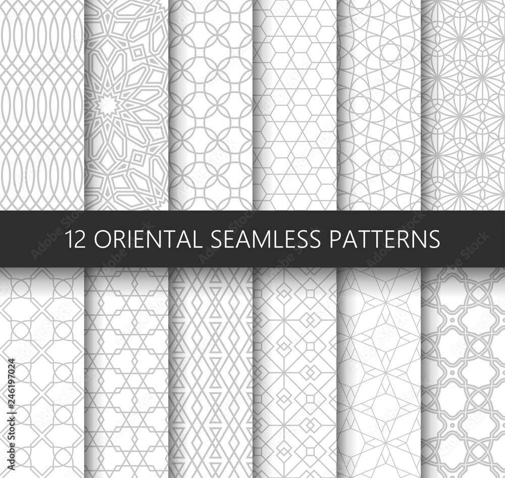 Poster Set of 12 vector ornamental seamless patterns. Collection of geometric patterns in the oriental style. Patterns added to the swatch panel.