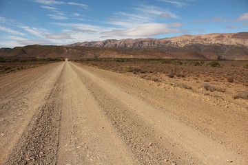 Fototapeta na wymiar Gravel road through the arid southern Karoo in South Africa.