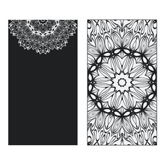 two Yoga card, flyer, poster. Template with mandala for spiritual retreat or yoga studio. Business cards, oriental pattern. Vector illustration. Islam, arabic, indian, ottoman motifs. Black, white