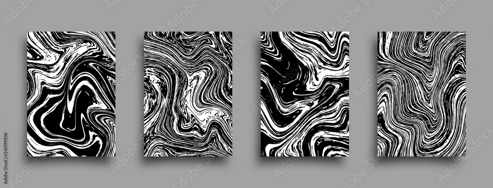 Aufkleber set of vector abstract grunge brochures. monochrome liquid textures. marble templates with shadow.