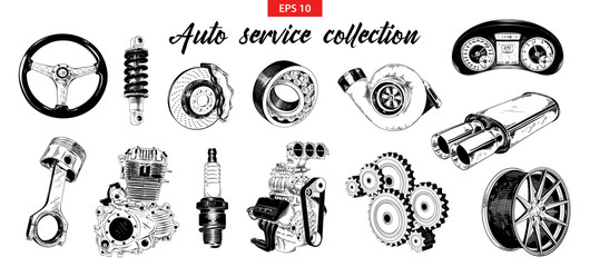Vector engraved style illustration for posters, decoration. Hand drawn sketch set of auto or car service elements isolated on white background. Detailed vintage etching drawing.