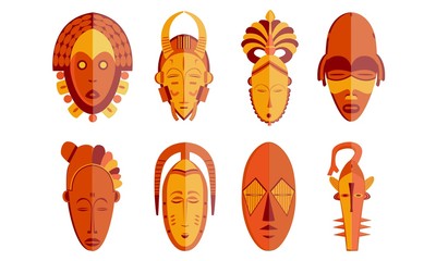 Ethnic masks set in Vector illustration. African tribal mask icon collection - Red Color (CI) - Images vectorielles 