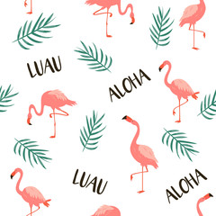 Seamless vector pattern with flamingos and leaves