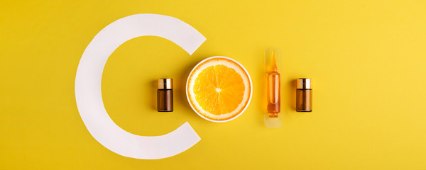 Serum and cosmetics with vitamin C. Immunity protection concept, antiviral prevention Essential oil...