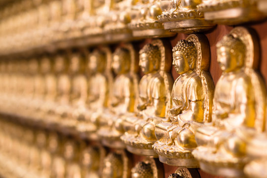 Wall in temple made by thousand of small golden Buddha statue at Chinese temple named the Wat Borom Raja Kanjanapisek (Wat Leng Neur Yee 2) in Thailand