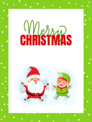 Merry Christmas greeting card with Santa Claus and Elf lying on snow. New Year cartoon characters Father frost and dwarf little helper on snowy ground, vector