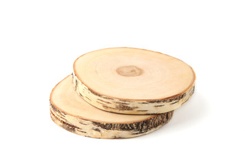 Serving wood trays isolated on white background. Cut birch tree round stump.