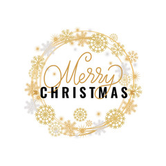 Merry Christmas festive greetings, calligraphic print with winter season wishes. Wishes on Xmas, lettering for postcards, vector wreath tag with snowflakes