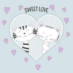 Lovely two cats with text sweet love on blue background.