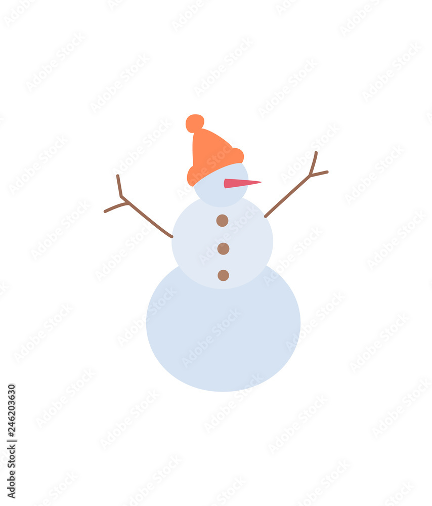 Poster snowman with rising up hands from branches with hat and carrot nose and buttons. winter cartoon char