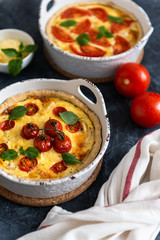 Homemade quiche with tomatoes, chicken, basil leaves and cheese. Close up