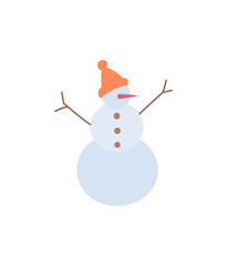 Snowman with rising up hands from branches with hat and carrot nose and buttons. Winter cartoon character made snow, card vector illustration isolated