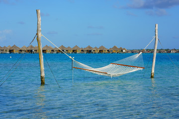 Fototapeta premium Hammock with a view, planted in the azure waters of the Bora Bora lagoon, French Polynesia