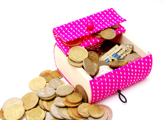 wooden pink gift box and old ane new coins on white