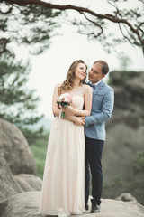 Gorgeous bride, groom kissing and hugging near the cliffs with stunning views