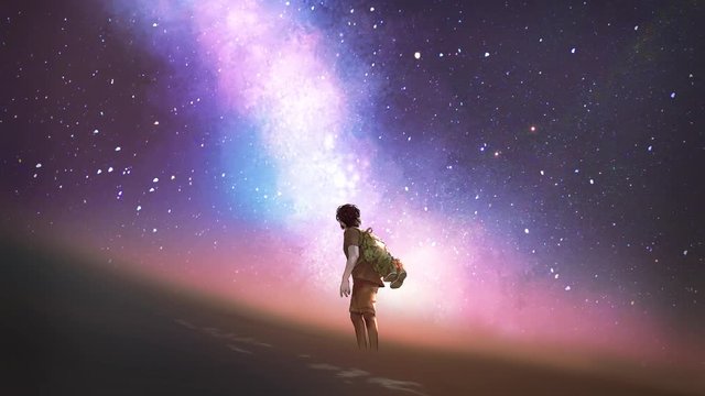 night scenery of a hiker looking at the glowing storm, cinemagraph-painting
