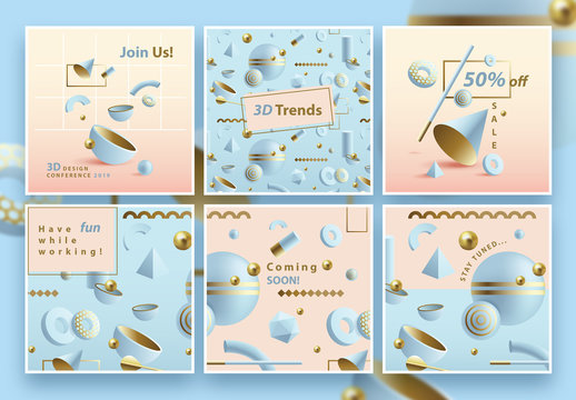 Square Pastel Social Media Layouts with Abstract 3D Patterns