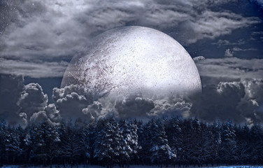 Rising fairytale exoplanet beyond the clouds and spruce forest. Elements of this image furnished by NASA