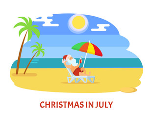 Christmas in July, sunny relaxing holiday on beach. Santa Claus in hat laying on chaise lounge with parasol, drinking and enjoy near water and palms vector