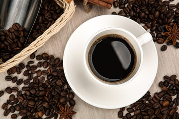coffee still life from a cup of coffee, beans
