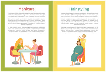 Spa salon, manicure and hand treatment, nails polishing vector. Isolated icon of manicurist and client, people talking at work. Pleasant procedure