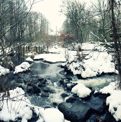 Forest river in winter. A small river on the background of snow.