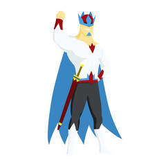 Superhero king actions icon in cartoon colored style jump pose in blue raincoat vector illustration.