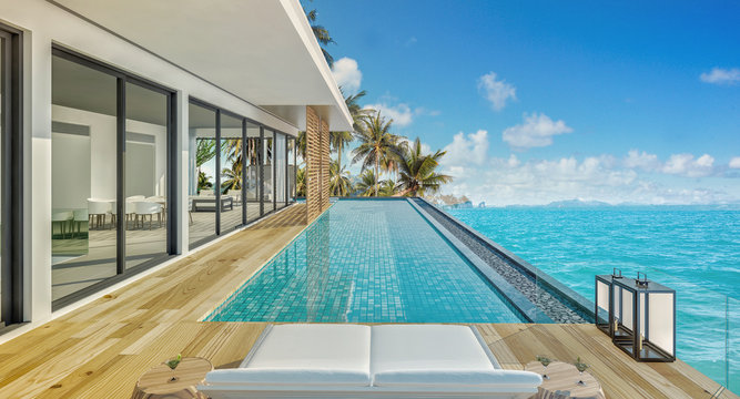 Sea view swimming pool in modern loft design,Luxury ocean Beach house