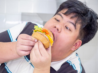 Diet failure of fat man eating fast food unhealthy hamberger.