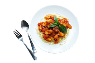 Pasta  with tomato sauce in white bowl. Flat lay. Top view , path, clipping