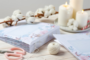 Book binding. Thread and pages. Handmade coptic binding. Scrapbooking. Copy space