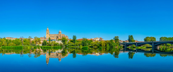 Cathedral at Salamanca reflected on river Tormes, Spain - obrazy, fototapety, plakaty