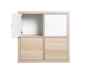 Modern light wooden cabinet isolated on white. Furniture for wardrobe room